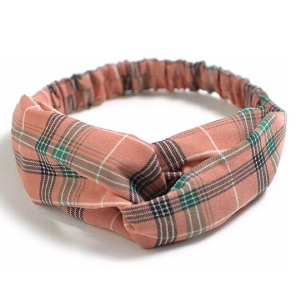 Pink Plaid Print Boho Twist Headband